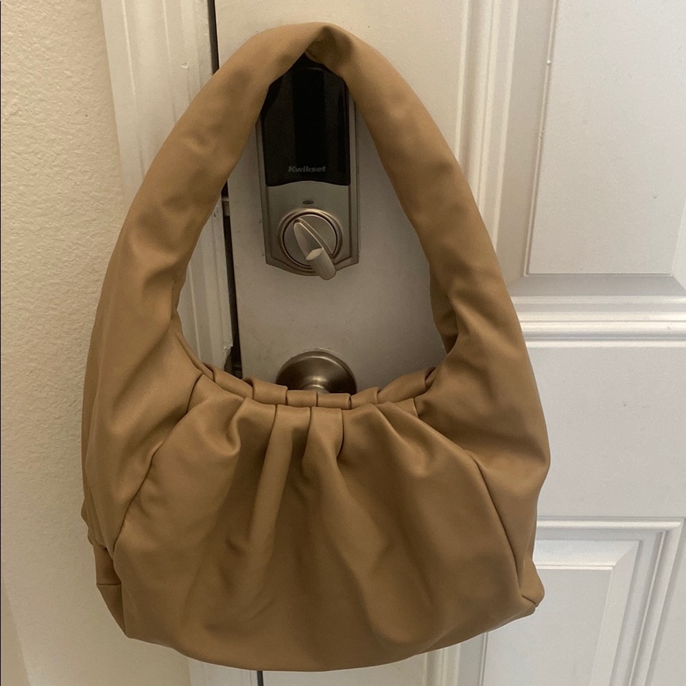 Large Tan Hobo Bag with Ruched Design and Crescent Shape